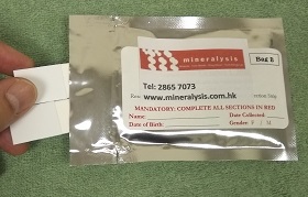 Collection strips saturated with urine and storage in desiccant bag